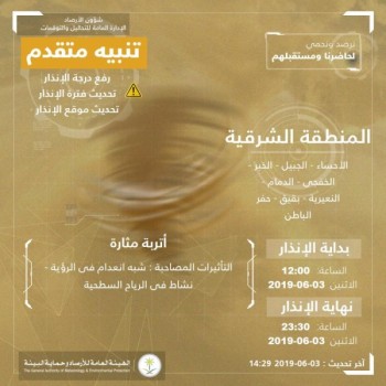 الأرصاد تحذر : غبار الشرقية مستمر حتى منتصف الليل