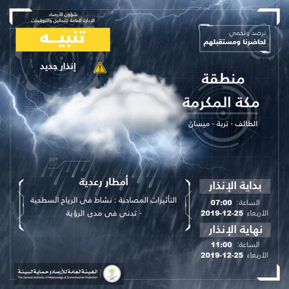 تنبيه من أمطار رعدية على مكة المكرمة