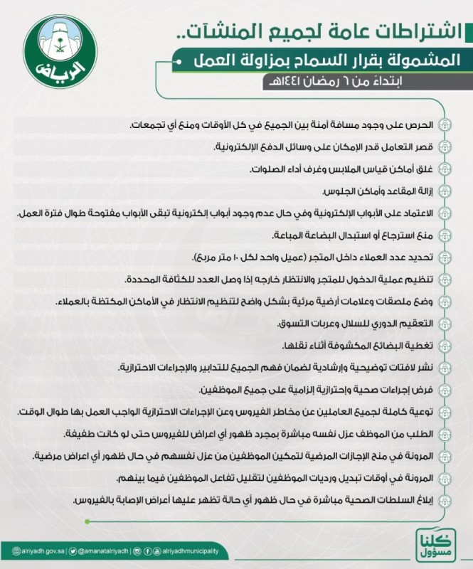 18 اشتراطًا للمنشآت المسموح لها العمل الأربعاء المقبل