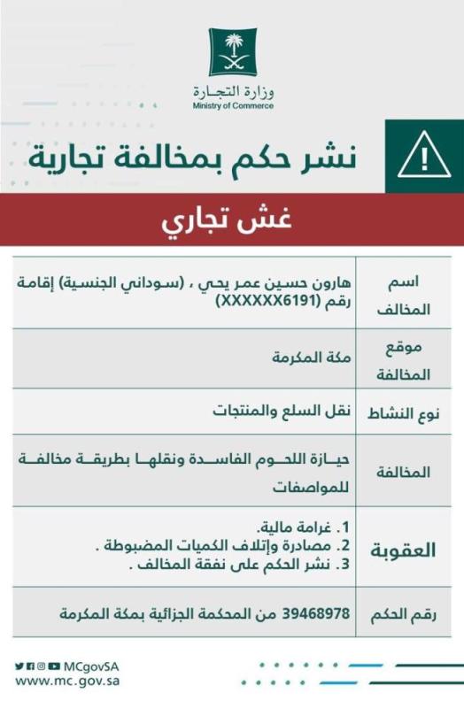 التشهير بمقيم تورط في حيازة ونقل اللحوم الفاسدة
