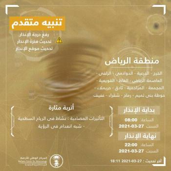 الأرصاد: رياح وأتربة تحجب الرؤية في الرياض حتى الـ10 مساء
