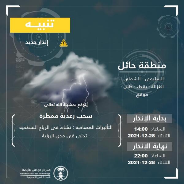 «الأرصاد»: سحب رعدية ممطرة على حائل حتى الـ10 مساء