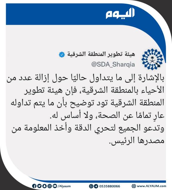 «تطوير الشرقية»: لا صحة لإزالة عدد من الأحياء بالمنطقة