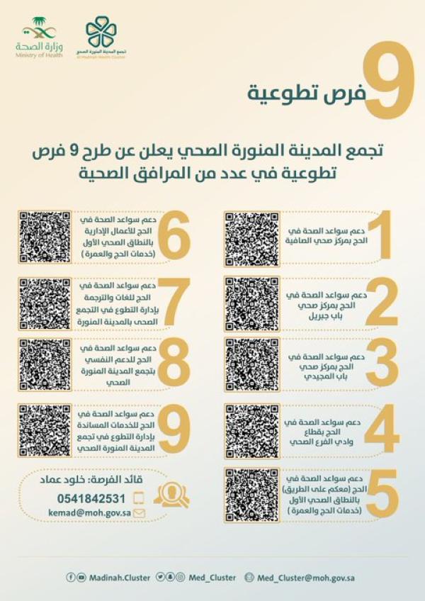 9 فرص تطوّعية خلال الحج في «تجمّع المدينة المنورة الصحّي»
