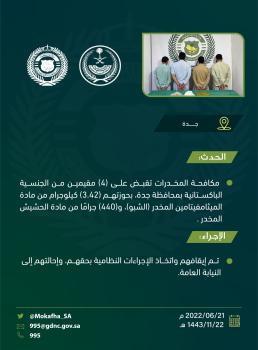 القبض على 4 مقيمين بحوزتهم 3.42 كيلو من الشبو في جدة