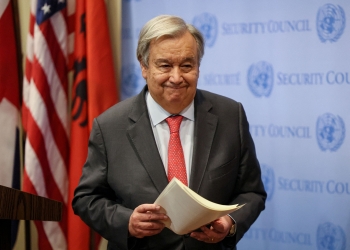 United Nations Secretary-General Antonio Guterres exits after speaking to members of the media prior to a U.N. Security Council meeting about the ongoing conflict in Gaza, at the United Nations Headquarters in New York City, U.S., October 13, 2023. REUTERS/Brendan McDermid