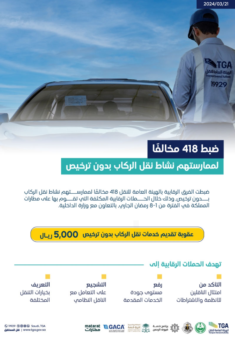 هيئة النقل تضبط 418 مخالفاً لنقل الركاب دون ترخيص - إكس الهيئة