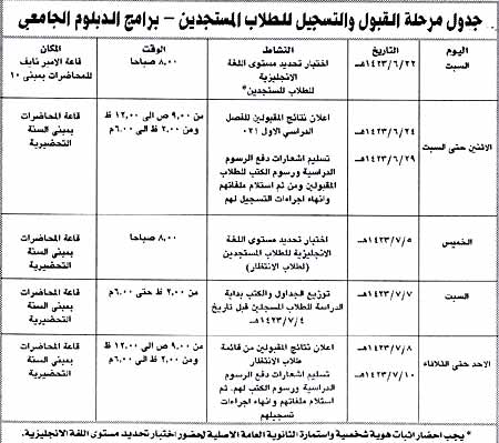 جدول مرحلة القبول و التسجيل للطلاب المستجدين - برامج الدبلوم الجامعي